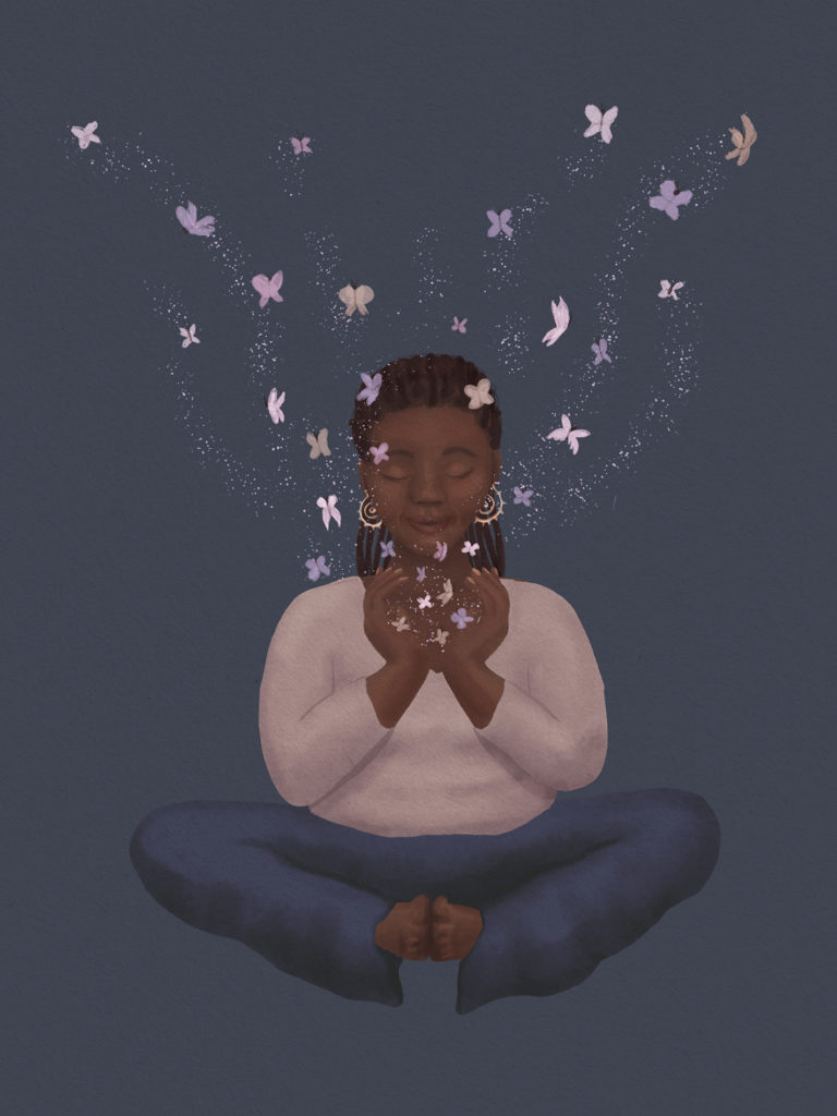 Illustration of a black woman in butterfly pose surrounded by butterflies