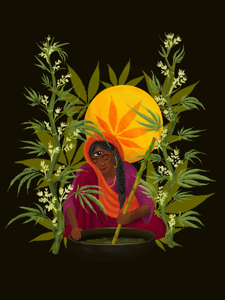 Illustration of an Indian woman preparing the cannabis drink Bhang