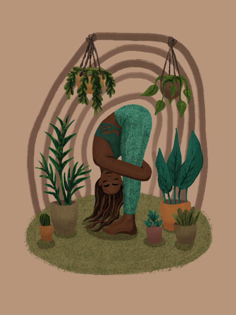 A women doing yoga in her home surrounded by plants.