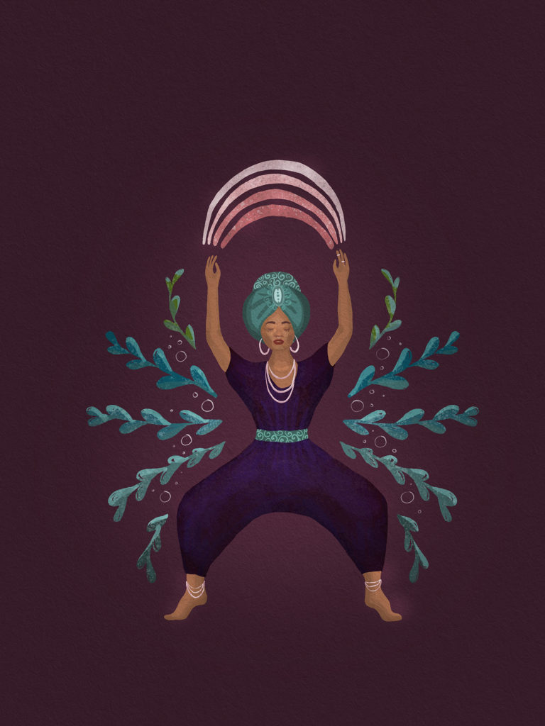 illustration of a woman in goddess yoga pose with a rainbow above her