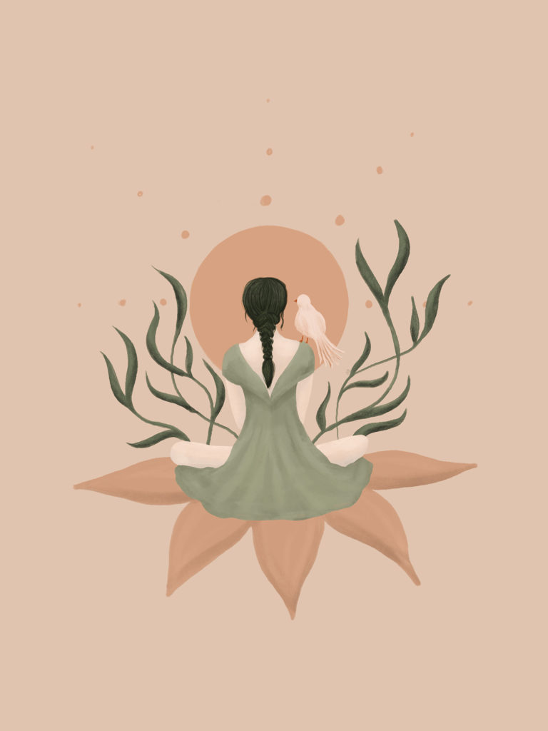 Peaceful illustration of a woman with a bird on her shoulder meditating