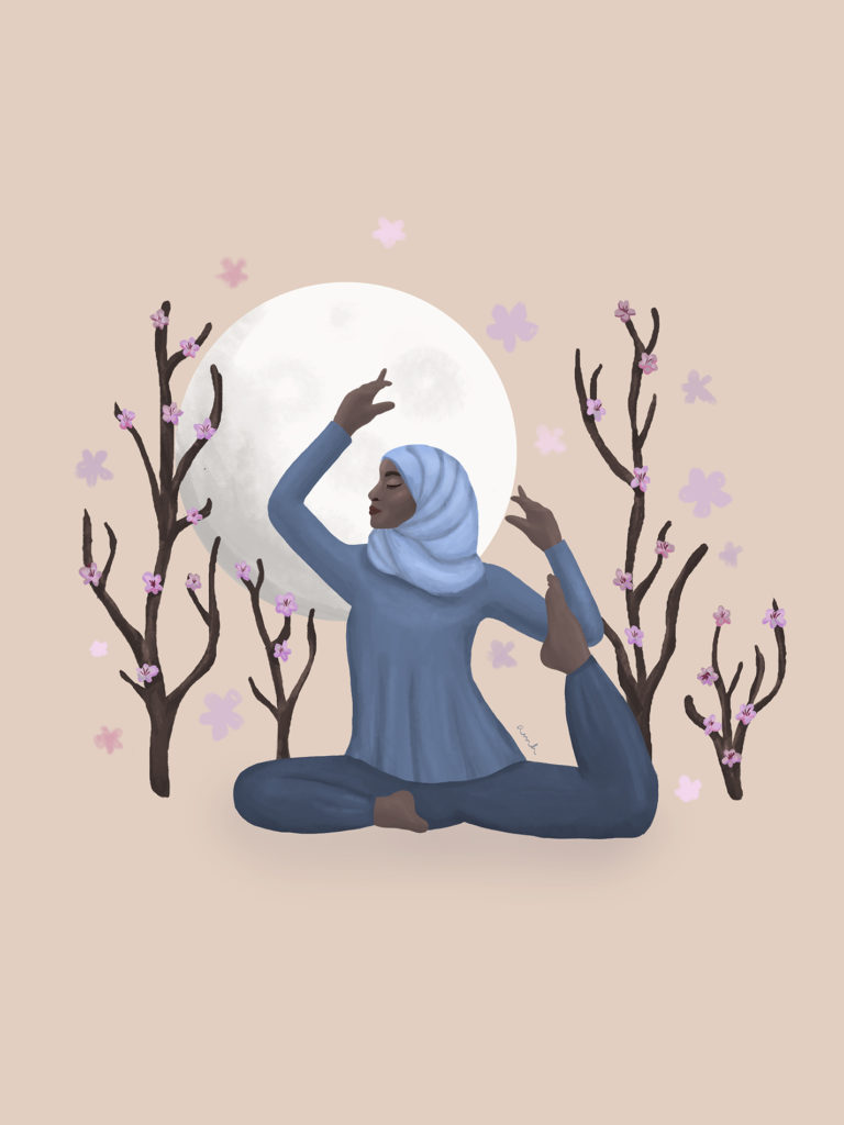 illustration of a hijabi woman in pigeon pose doing yoga