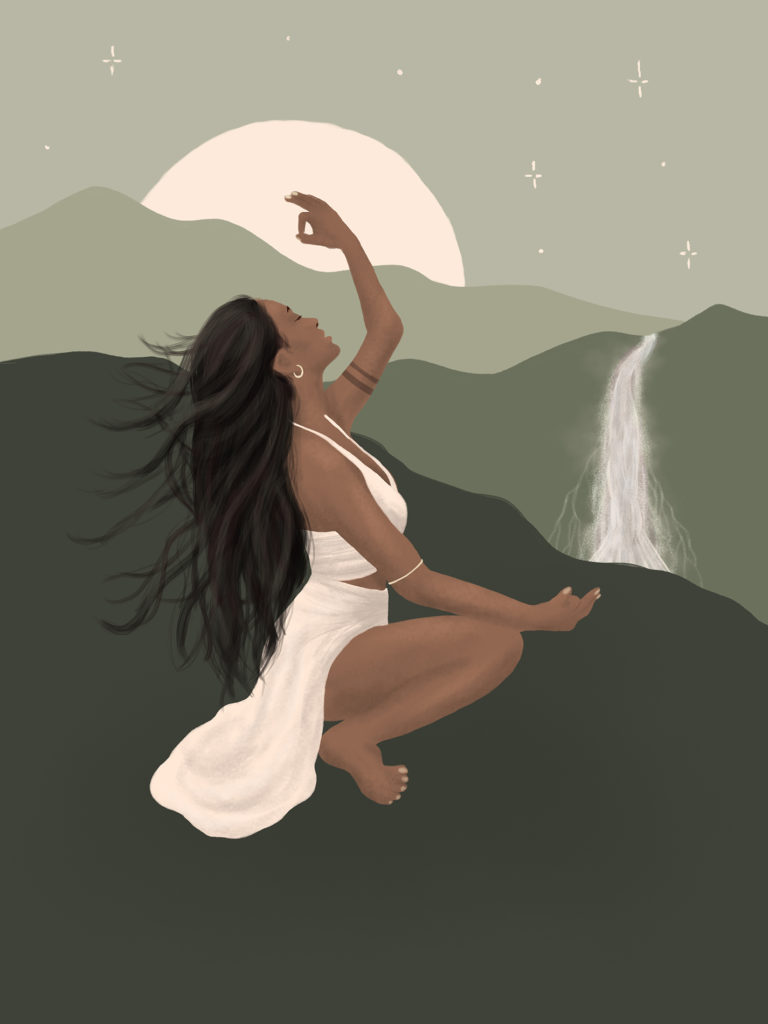 Illustration of a beautiful spiritual goddess by a waterfall